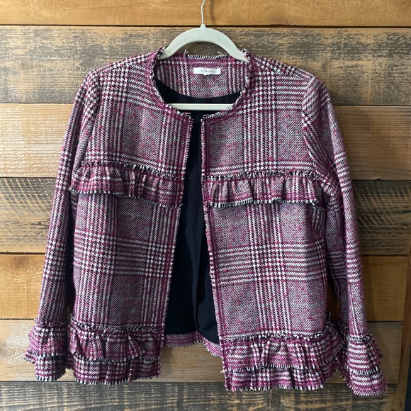 Plaid Ruffle Trim Blazer Jacket Pink Black and White Plaid Size M (Pleione) - Picture 6 of 16